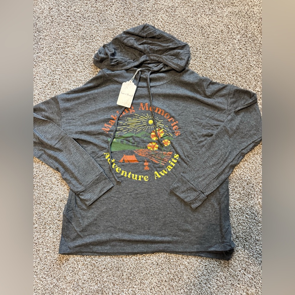 Hem & Thread Gray Adventure Awaits Drawstring Lightweight Hoodie